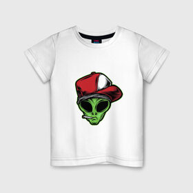 Детская футболка хлопок с принтом Alien gangster в Екатеринбурге, 100% хлопок | круглый вырез горловины, полуприлегающий силуэт, длина до линии бедер | alien | бандит | гангстер | инопланетянин | кепка | крутой | нло | опасный | пришелец | хипстер
