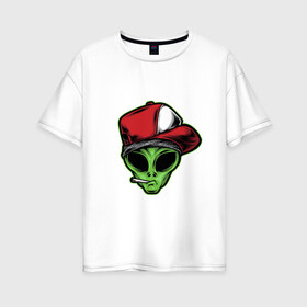 Женская футболка хлопок Oversize с принтом Alien gangster в Екатеринбурге, 100% хлопок | свободный крой, круглый ворот, спущенный рукав, длина до линии бедер
 | alien | бандит | гангстер | инопланетянин | кепка | крутой | нло | опасный | пришелец | хипстер