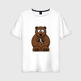 Женская футболка хлопок Oversize с принтом медведь с рыбой в Екатеринбурге, 100% хлопок | свободный крой, круглый ворот, спущенный рукав, длина до линии бедер
 | гризли | детские | живая | животные | звери | картинки | медведь | мультфильмы | популярные | прикольные | природа | рыба | тренды | хищники
