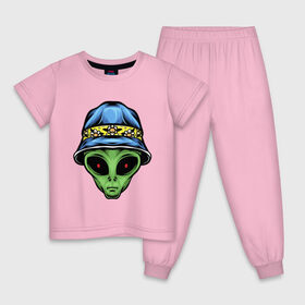 Детская пижама хлопок с принтом Alien in panama в Екатеринбурге, 100% хлопок |  брюки и футболка прямого кроя, без карманов, на брюках мягкая резинка на поясе и по низу штанин
 | alien | инопланетянин | кепка | нло | пришелец | хипстер | шляпа