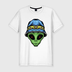 Мужская футболка хлопок Slim с принтом Alien in panama в Екатеринбурге, 92% хлопок, 8% лайкра | приталенный силуэт, круглый вырез ворота, длина до линии бедра, короткий рукав | alien | инопланетянин | кепка | нло | пришелец | хипстер | шляпа