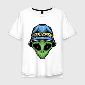 Мужская футболка хлопок Oversize с принтом Alien in panama в Екатеринбурге, 100% хлопок | свободный крой, круглый ворот, “спинка” длиннее передней части | alien | инопланетянин | кепка | нло | пришелец | хипстер | шляпа