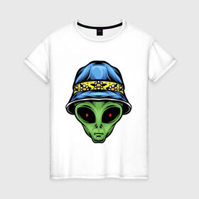 Женская футболка хлопок с принтом Alien in panama в Екатеринбурге, 100% хлопок | прямой крой, круглый вырез горловины, длина до линии бедер, слегка спущенное плечо | alien | инопланетянин | кепка | нло | пришелец | хипстер | шляпа