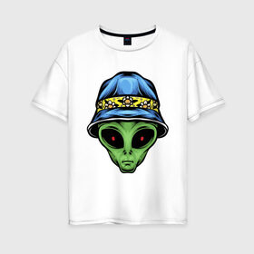 Женская футболка хлопок Oversize с принтом Alien in panama в Екатеринбурге, 100% хлопок | свободный крой, круглый ворот, спущенный рукав, длина до линии бедер
 | alien | инопланетянин | кепка | нло | пришелец | хипстер | шляпа