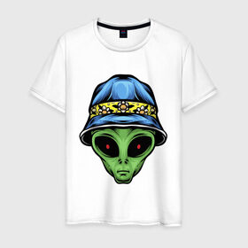Мужская футболка хлопок с принтом Alien in panama в Екатеринбурге, 100% хлопок | прямой крой, круглый вырез горловины, длина до линии бедер, слегка спущенное плечо. | alien | инопланетянин | кепка | нло | пришелец | хипстер | шляпа