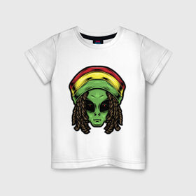 Детская футболка хлопок с принтом Reggae alien в Екатеринбурге, 100% хлопок | круглый вырез горловины, полуприлегающий силуэт, длина до линии бедер | alien | волосы | инопланетянин | кепка | нло | пришелец | растаман | регги | хипстер | шляпа