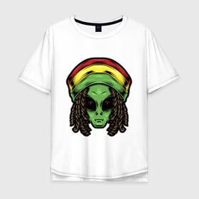 Мужская футболка хлопок Oversize с принтом Reggae alien в Екатеринбурге, 100% хлопок | свободный крой, круглый ворот, “спинка” длиннее передней части | alien | волосы | инопланетянин | кепка | нло | пришелец | растаман | регги | хипстер | шляпа