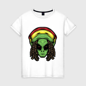 Женская футболка хлопок с принтом Reggae alien в Екатеринбурге, 100% хлопок | прямой крой, круглый вырез горловины, длина до линии бедер, слегка спущенное плечо | alien | волосы | инопланетянин | кепка | нло | пришелец | растаман | регги | хипстер | шляпа