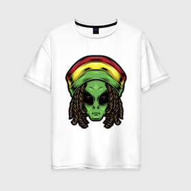 Женская футболка хлопок Oversize с принтом Reggae alien в Екатеринбурге, 100% хлопок | свободный крой, круглый ворот, спущенный рукав, длина до линии бедер
 | alien | волосы | инопланетянин | кепка | нло | пришелец | растаман | регги | хипстер | шляпа