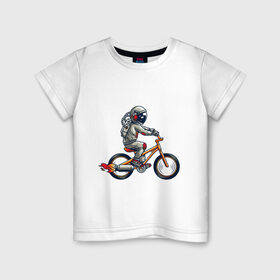 Детская футболка хлопок с принтом Астронавт на велосипеде в Екатеринбурге, 100% хлопок | круглый вырез горловины, полуприлегающий силуэт, длина до линии бедер | астронавт | велосипед | космонавт | космос | костюм | ракеты | скафандр | хипстер | шлем