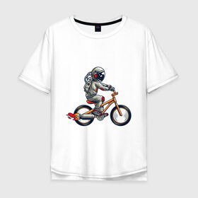 Мужская футболка хлопок Oversize с принтом Астронавт на велосипеде в Екатеринбурге, 100% хлопок | свободный крой, круглый ворот, “спинка” длиннее передней части | астронавт | велосипед | космонавт | космос | костюм | ракеты | скафандр | хипстер | шлем