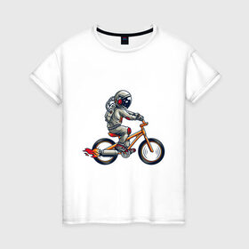 Женская футболка хлопок с принтом Астронавт на велосипеде в Екатеринбурге, 100% хлопок | прямой крой, круглый вырез горловины, длина до линии бедер, слегка спущенное плечо | астронавт | велосипед | космонавт | космос | костюм | ракеты | скафандр | хипстер | шлем