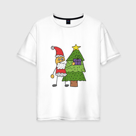 Женская футболка хлопок Oversize с принтом Мультяшный Санта в Екатеринбурге, 100% хлопок | свободный крой, круглый ворот, спущенный рукав, длина до линии бедер
 | борода | елка | звезда | картинки | мультфильмы | новый год | подарок | популярные | праздники | прикольные | рождество | санта клаус