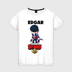 Женская футболка хлопок с принтом BRAWL STARS EDGAR. в Екатеринбурге, 100% хлопок | прямой крой, круглый вырез горловины, длина до линии бедер, слегка спущенное плечо | 8 bit | brawl stars | byron | colette | crow | edgar | gale | leon | max | mr.p | sally leon | shark | virus 8 bit | werewolf leon | акула | байрон | берли | бравл старс | ворон | коллет | макс | оборотень | эдгар