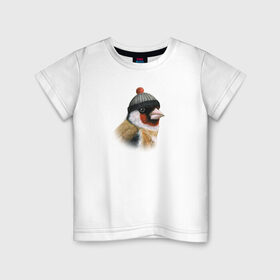 Детская футболка хлопок с принтом Щегол в Екатеринбурге, 100% хлопок | круглый вырез горловины, полуприлегающий силуэт, длина до линии бедер | животные | пастель | птицы | птицы в шляпах | рисунок | шапка с помпоном | щегол
