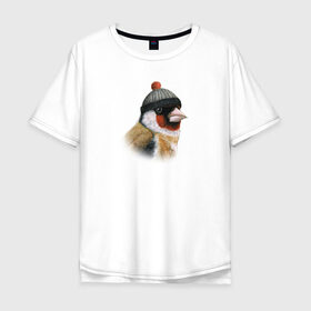 Мужская футболка хлопок Oversize с принтом Щегол в Екатеринбурге, 100% хлопок | свободный крой, круглый ворот, “спинка” длиннее передней части | животные | пастель | птицы | птицы в шляпах | рисунок | шапка с помпоном | щегол