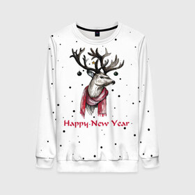 Женский свитшот 3D с принтом Happy New Year в Екатеринбурге, 100% полиэстер с мягким внутренним слоем | круглый вырез горловины, мягкая резинка на манжетах и поясе, свободная посадка по фигуре | christmas toys | deer | deer print | happy new year | new year | snow | snowflakes | tree | новогодний принт | новогодний свитер | новогодняя футболка | новый год | олени | принт оленя | с новым годом | с оленями | снег
