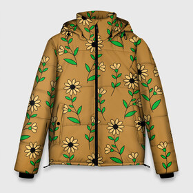 Мужская зимняя куртка 3D с принтом Цветочки на темно желтом фоне в Екатеринбурге, верх — 100% полиэстер; подкладка — 100% полиэстер; утеплитель — 100% полиэстер | длина ниже бедра, свободный силуэт Оверсайз. Есть воротник-стойка, отстегивающийся капюшон и ветрозащитная планка. 

Боковые карманы с листочкой на кнопках и внутренний карман на молнии. | Тематика изображения на принте: 8 марта | весна | день рождения | желтый | зеленый | лето | листья | орнамент | паттерн | праздник | природа | растения | узор | цветы | черный
