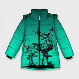 Зимняя куртка для девочек 3D с принтом олень из лесных символов в Екатеринбурге, ткань верха — 100% полиэстер; подклад — 100% полиэстер, утеплитель — 100% полиэстер. | длина ниже бедра, удлиненная спинка, воротник стойка и отстегивающийся капюшон. Есть боковые карманы с листочкой на кнопках, утяжки по низу изделия и внутренний карман на молнии. 

Предусмотрены светоотражающий принт на спинке, радужный светоотражающий элемент на пуллере молнии и на резинке для утяжки. | ворон | градиент | деревья | животное | зверь | лес | лось | олень | природа | рога | сила | силуэт | символы | эко | экология
