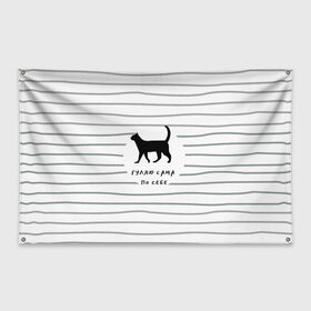Флаг-баннер с принтом Гуляю сама по себе в Екатеринбурге, 100% полиэстер | размер 67 х 109 см, плотность ткани — 95 г/м2; по краям флага есть четыре люверса для крепления | гулять | дерзкая надпись | дикая кошка | кошка | пафосная надпись | полоска | серый | черный | черный кот