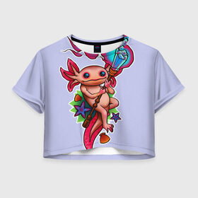 Женская футболка Crop-top 3D с принтом Магический аксолотль в Екатеринбурге, 100% полиэстер | круглая горловина, длина футболки до линии талии, рукава с отворотами | аксолотль | жезл | кристал | магия | посох