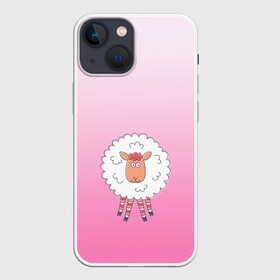 Чехол для iPhone 13 mini с принтом веселая овечка в Екатеринбурге,  |  | Тематика изображения на принте: арт | барашек | вектор | веселое животное | градиент | девочковый | детский | мило | облако | овечка | овца | рисунок | розовый