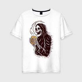 Женская футболка хлопок Oversize с принтом Смерть с кофе в Екатеринбурге, 100% хлопок | свободный крой, круглый ворот, спущенный рукав, длина до линии бедер
 | горячий | кости. скелет | кофе | кружка | хипстер | череп