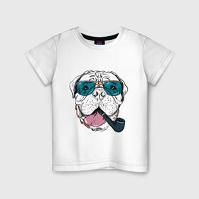 Детская футболка хлопок с принтом Бульмастиф в Екатеринбурге, 100% хлопок | круглый вырез горловины, полуприлегающий силуэт, длина до линии бедер | бульмастиф | очки | собака | трубка | хипстер | язык