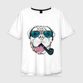 Мужская футболка хлопок Oversize с принтом Бульмастиф в Екатеринбурге, 100% хлопок | свободный крой, круглый ворот, “спинка” длиннее передней части | бульмастиф | очки | собака | трубка | хипстер | язык