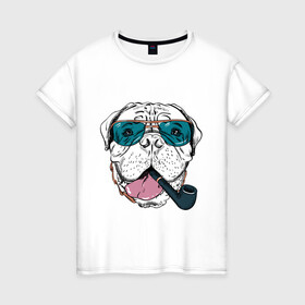 Женская футболка хлопок с принтом Бульмастиф в Екатеринбурге, 100% хлопок | прямой крой, круглый вырез горловины, длина до линии бедер, слегка спущенное плечо | бульмастиф | очки | собака | трубка | хипстер | язык