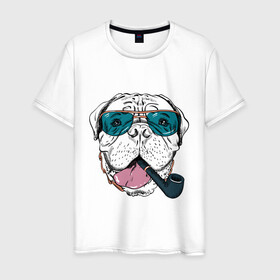 Мужская футболка хлопок с принтом Бульмастиф в Екатеринбурге, 100% хлопок | прямой крой, круглый вырез горловины, длина до линии бедер, слегка спущенное плечо. | бульмастиф | очки | собака | трубка | хипстер | язык
