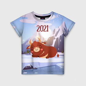 Детская футболка 3D с принтом Спящий бык 2021 в Екатеринбурге, 100% гипоаллергенный полиэфир | прямой крой, круглый вырез горловины, длина до линии бедер, чуть спущенное плечо, ткань немного тянется | 2021 | 7 января | bull | newyear | santa | бык | быки | бычок | год быка | дед мороз | корова | новогодние каникулы | новогодние праздники | новый 2021 | новый год | новый год 2021 | рождество | сани | санта | санта клаус