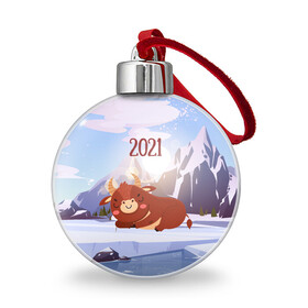 Ёлочный шар с принтом Спящий бык 2021 в Екатеринбурге, Пластик | Диаметр: 77 мм | 2021 | 7 января | bull | newyear | santa | бык | быки | бычок | год быка | дед мороз | корова | новогодние каникулы | новогодние праздники | новый 2021 | новый год | новый год 2021 | рождество | сани | санта | санта клаус