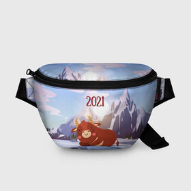 Поясная сумка 3D с принтом Спящий бык 2021 в Екатеринбурге, 100% полиэстер | плотная ткань, ремень с регулируемой длиной, внутри несколько карманов для мелочей, основное отделение и карман с обратной стороны сумки застегиваются на молнию | 2021 | 7 января | bull | newyear | santa | бык | быки | бычок | год быка | дед мороз | корова | новогодние каникулы | новогодние праздники | новый 2021 | новый год | новый год 2021 | рождество | сани | санта | санта клаус