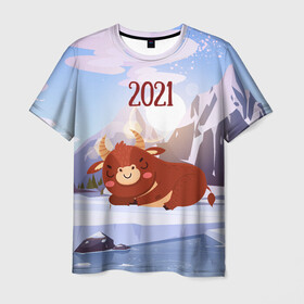 Мужская футболка 3D с принтом Спящий бык 2021 в Екатеринбурге, 100% полиэфир | прямой крой, круглый вырез горловины, длина до линии бедер | 2021 | 7 января | bull | newyear | santa | бык | быки | бычок | год быка | дед мороз | корова | новогодние каникулы | новогодние праздники | новый 2021 | новый год | новый год 2021 | рождество | сани | санта | санта клаус