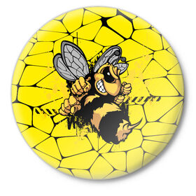 Значок с принтом Дикая пчела в Екатеринбурге,  металл | круглая форма, металлическая застежка в виде булавки | Тематика изображения на принте: дикая пчела | жало | мед | насекомые | опасность | соты | текстура | шершень