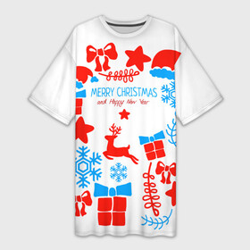 Платье-футболка 3D с принтом Merry Christmas and HNY 2022 Новый Год в Екатеринбурге,  |  | Тематика изображения на принте: 2021 | 2022 | happy | new year | быка | гирлянда | дед мороз | елка | зеленый | игрушка | клаус | конфеты | нг | новый год | носок | перчатка | печенье | подарок | полосы | пряник | рождество | с | санта | сладости | снег
