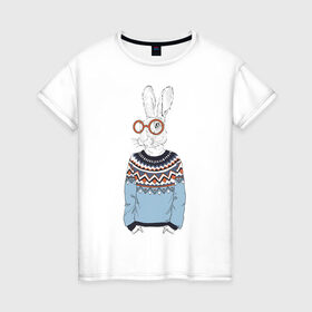 Женская футболка хлопок с принтом кролик в свитере и очках в Екатеринбурге, 100% хлопок | прямой крой, круглый вырез горловины, длина до линии бедер, слегка спущенное плечо | 