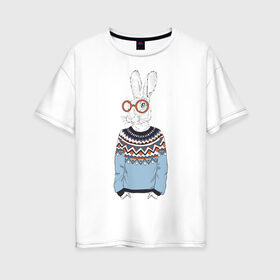 Женская футболка хлопок Oversize с принтом кролик в свитере и очках в Екатеринбурге, 100% хлопок | свободный крой, круглый ворот, спущенный рукав, длина до линии бедер
 | 