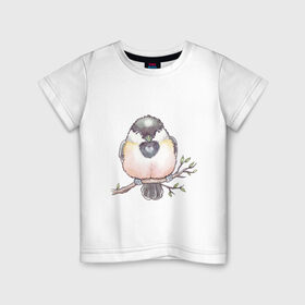 Детская футболка хлопок с принтом Милый пухлый птенчик в Екатеринбурге, 100% хлопок | круглый вырез горловины, полуприлегающий силуэт, длина до линии бедер | акварель | акварельный | арт | ветка | воробей | грудка | клюв | милый | птенец | птица | птичка | пухлый | рисунок | синица | снегирь
