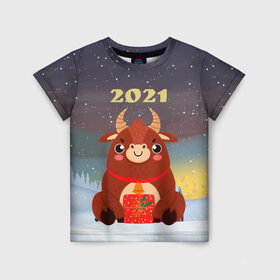 Детская футболка 3D с принтом Бык с подарками 2021 в Екатеринбурге, 100% гипоаллергенный полиэфир | прямой крой, круглый вырез горловины, длина до линии бедер, чуть спущенное плечо, ткань немного тянется | 2021 | 7 января | bull | newyear | santa | бык | быки | бычок | год быка | дед мороз | корова | новогодние каникулы | новогодние праздники | новый 2021 | новый год | новый год 2021 | рождество | сани | санта | санта клаус