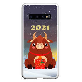 Чехол для Samsung Galaxy S10 с принтом Бык с подарками 2021 в Екатеринбурге, Силикон | Область печати: задняя сторона чехла, без боковых панелей | Тематика изображения на принте: 2021 | 7 января | bull | newyear | santa | бык | быки | бычок | год быка | дед мороз | корова | новогодние каникулы | новогодние праздники | новый 2021 | новый год | новый год 2021 | рождество | сани | санта | санта клаус