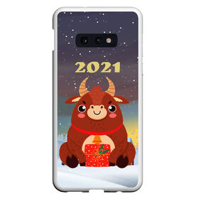 Чехол для Samsung S10E с принтом Бык с подарками 2021 в Екатеринбурге, Силикон | Область печати: задняя сторона чехла, без боковых панелей | Тематика изображения на принте: 2021 | 7 января | bull | newyear | santa | бык | быки | бычок | год быка | дед мороз | корова | новогодние каникулы | новогодние праздники | новый 2021 | новый год | новый год 2021 | рождество | сани | санта | санта клаус