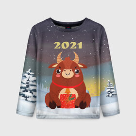 Детский лонгслив 3D с принтом Бык с подарками 2021 в Екатеринбурге, 100% полиэстер | длинные рукава, круглый вырез горловины, полуприлегающий силуэт
 | 2021 | 7 января | bull | newyear | santa | бык | быки | бычок | год быка | дед мороз | корова | новогодние каникулы | новогодние праздники | новый 2021 | новый год | новый год 2021 | рождество | сани | санта | санта клаус
