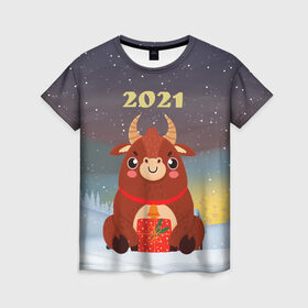 Женская футболка 3D с принтом Бык с подарками 2021 в Екатеринбурге, 100% полиэфир ( синтетическое хлопкоподобное полотно) | прямой крой, круглый вырез горловины, длина до линии бедер | 2021 | 7 января | bull | newyear | santa | бык | быки | бычок | год быка | дед мороз | корова | новогодние каникулы | новогодние праздники | новый 2021 | новый год | новый год 2021 | рождество | сани | санта | санта клаус