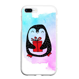 Чехол для iPhone 7Plus/8 Plus матовый с принтом Милый пингвин с подарком в Екатеринбурге, Силикон | Область печати: задняя сторона чехла, без боковых панелей | Тематика изображения на принте: 