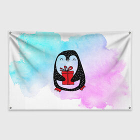 Флаг-баннер с принтом Милый пингвин с подарком в Екатеринбурге, 100% полиэстер | размер 67 х 109 см, плотность ткани — 95 г/м2; по краям флага есть четыре люверса для крепления | Тематика изображения на принте: 