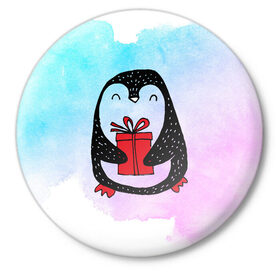 Значок с принтом Милый пингвин с подарком в Екатеринбурге,  металл | круглая форма, металлическая застежка в виде булавки | Тематика изображения на принте: 