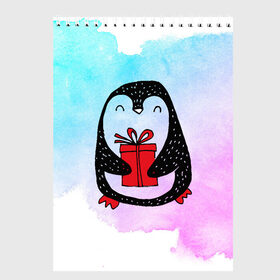 Скетчбук с принтом Милый пингвин с подарком в Екатеринбурге, 100% бумага
 | 48 листов, плотность листов — 100 г/м2, плотность картонной обложки — 250 г/м2. Листы скреплены сверху удобной пружинной спиралью | Тематика изображения на принте: 