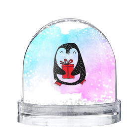 Снежный шар с принтом Милый пингвин с подарком в Екатеринбурге, Пластик | Изображение внутри шара печатается на глянцевой фотобумаге с двух сторон | Тематика изображения на принте: 